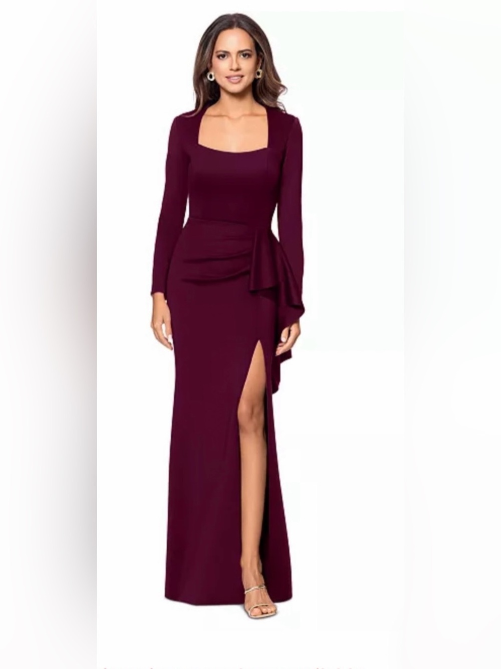 Xscape Long-Sleeve Burgundy Square Neck Draped Evening Gown with Side Drape